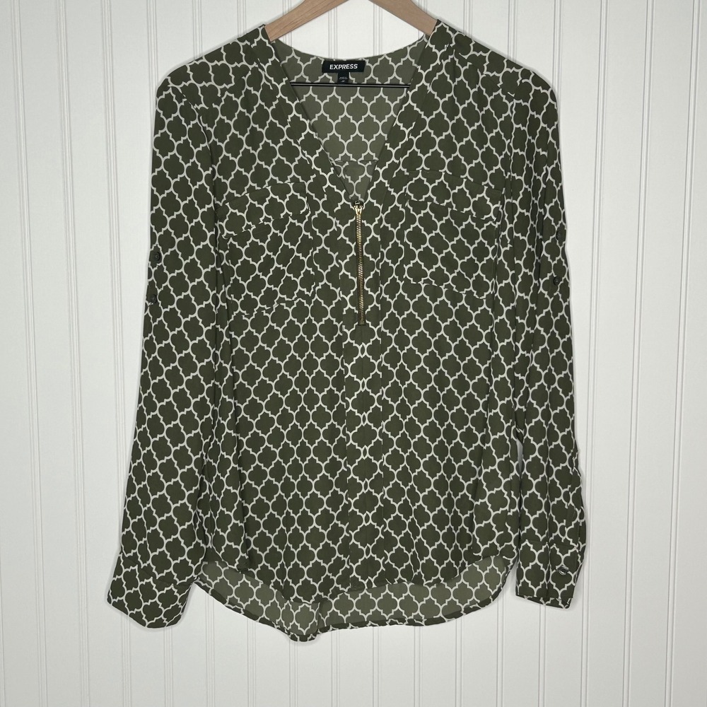 Express Women Olive Green Geometric Print Zip Neck Long Sleeve Blouse Medium